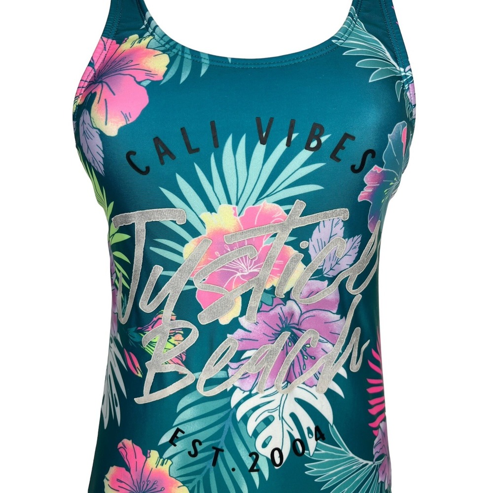 Justice Girls Large Floral "Cali Vibes Justice Beach" Strappy Back Swimsuit - Picture 3 of 16